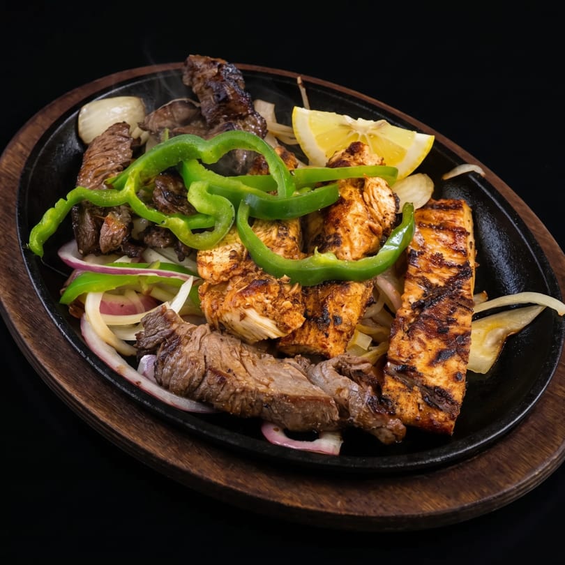 Sizzling fajitas with grilled chicken, steak, bell peppers, onions, and a lemon wedge on a cast iron platter.